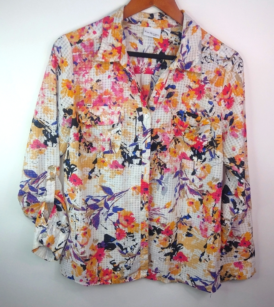 Kim Rogers LP Spring Floral Purple Red Gold Top L Petite - Picture 1 of 9